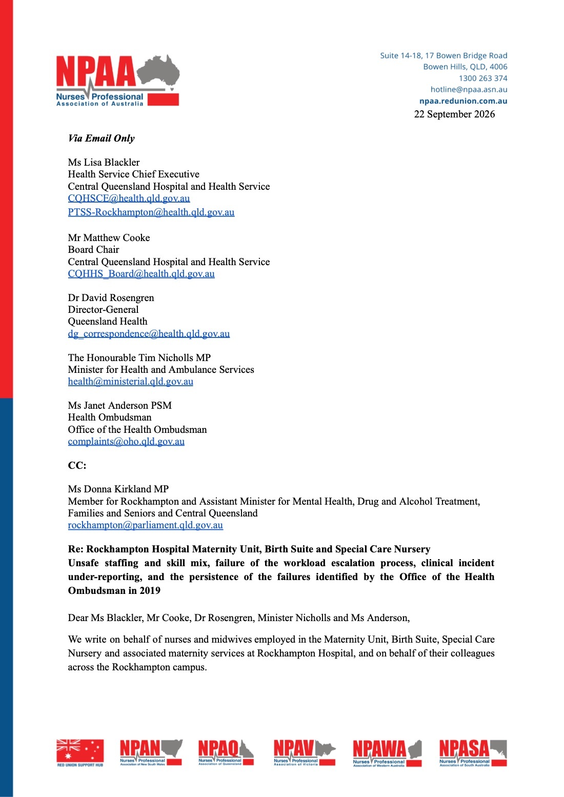 First page of NPAA's 22 September 2026 letter