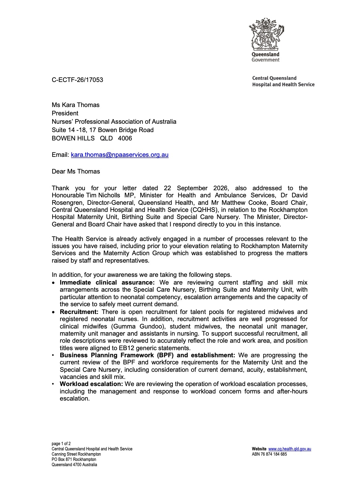 First page of the Chief Executive's 20 October 2026 response